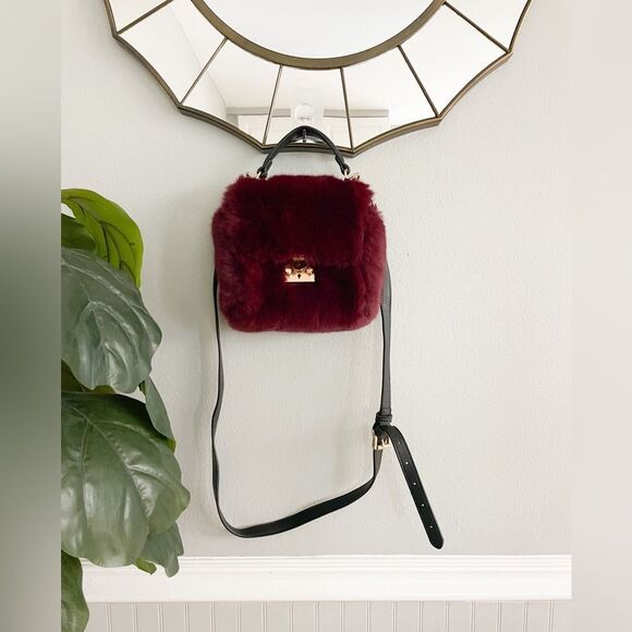 Pauls Boutique London Faux Fur Burgundy Crossbody Handbag - Picture 1 of 13